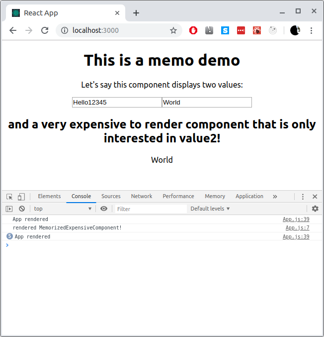 React memo demo app reacts only to value2 now