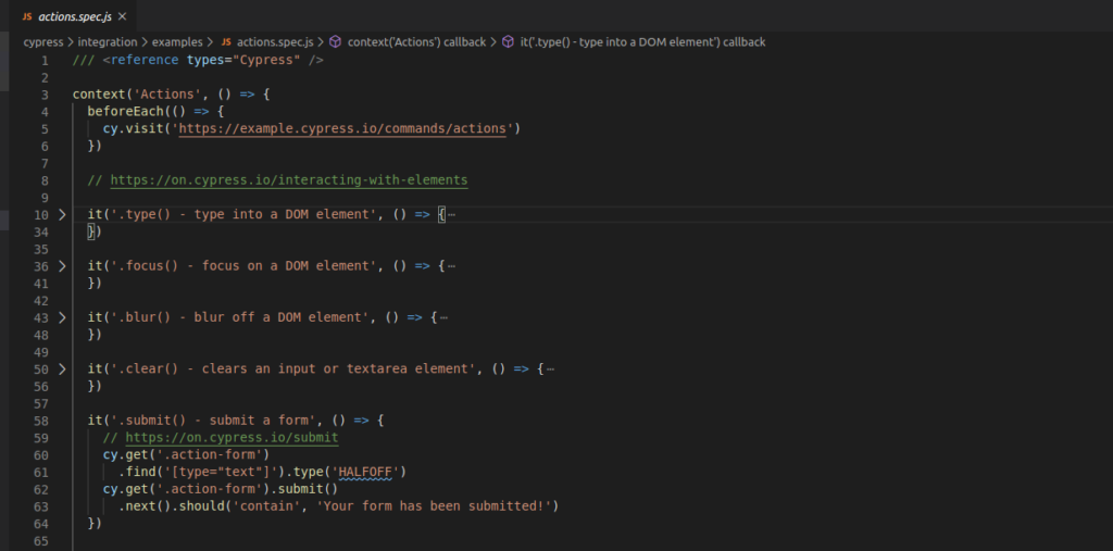 Cypress action.spec.js source code